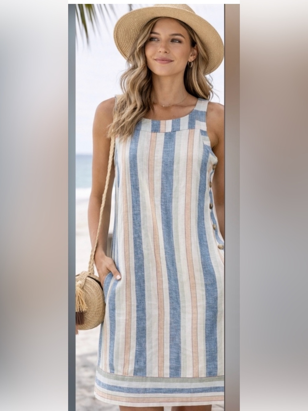 For Cynthia Side Button Striped Linen Blend Shift Dress